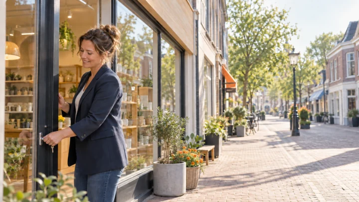 Een ondernemer draait het bordje bij de deur van een nieuwe winkel om naar open
